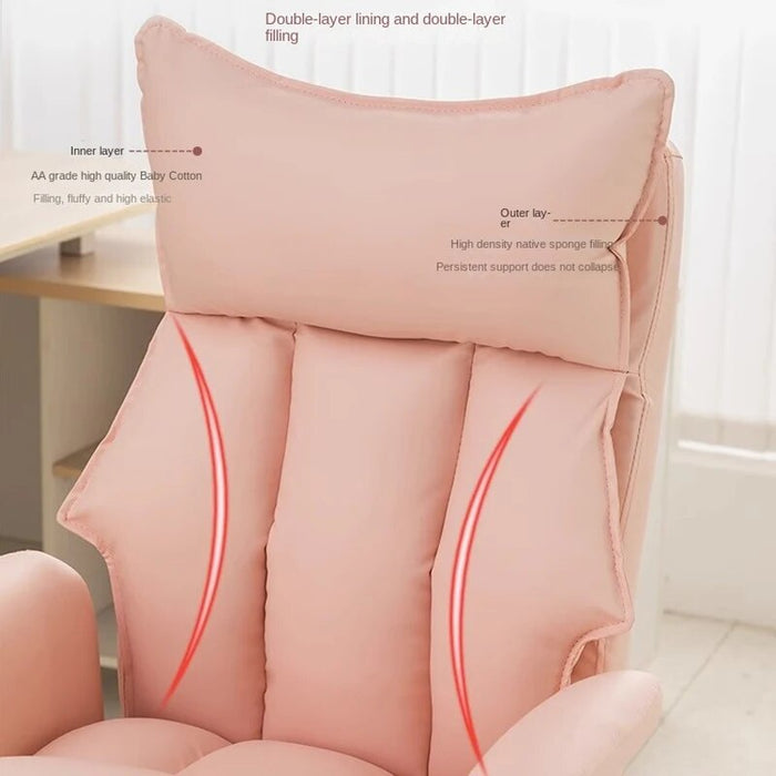2023 New Computer Chair Pink Girls Office Home Soft Comfortable Ergonomic Sofa Chair Steel Foot Strap Rest High Quality Leather