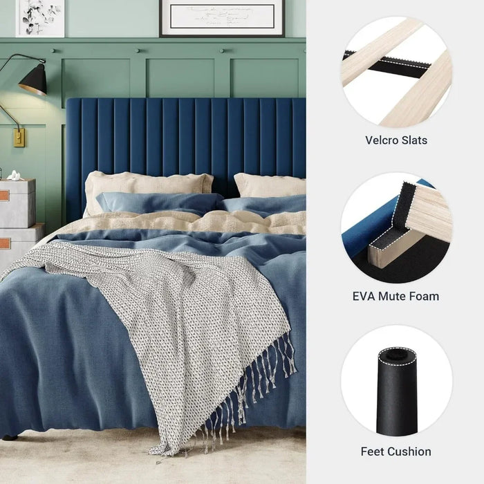Large bed frame, velvet padded bed with adjustable vertical channel tufted headboard, mattress base, easy to assemble, bed