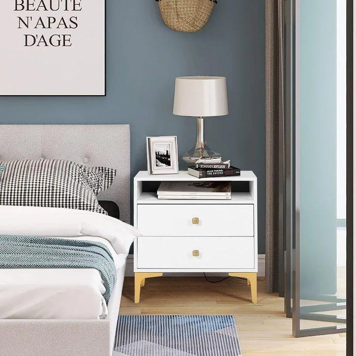 AILEEKISS Nightstands Set of 2 with Wireless Charging Function Wooden Night Stands 2 Sets with Drawers and Open Shelf