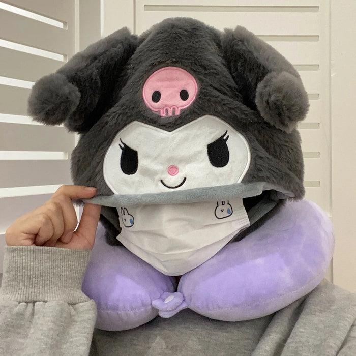 Cartoon Kuromi U-shaped Hooded Neck Pillow Pochacco Travel Blackout Nap Pillow Office Japanese style Pillow With Hat Girl