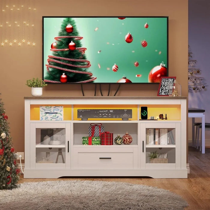 LED Farmhouse TV Bracket for TVs over 65 inches with socket and USB port with glass door, living room wooden media console