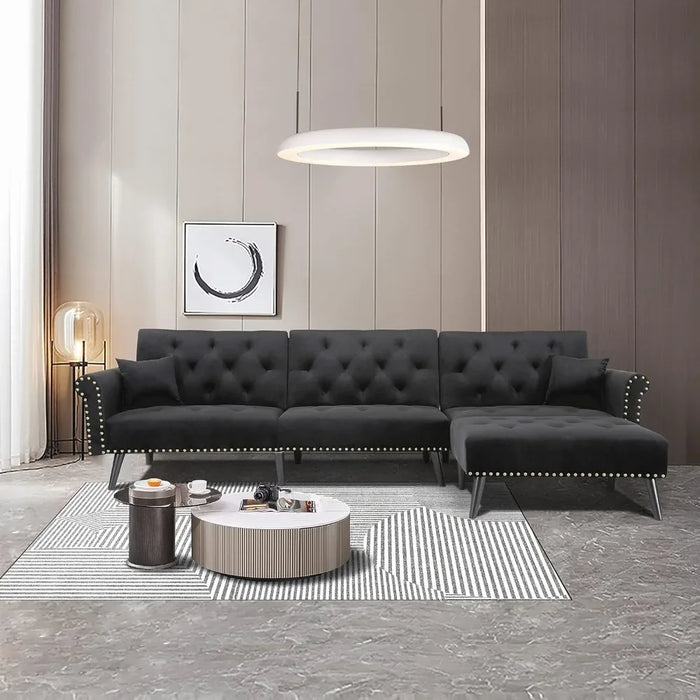 Sofa living room velvet convertible sleep puff sofa, button tufted sectional sofa bed black air single modern furniture
