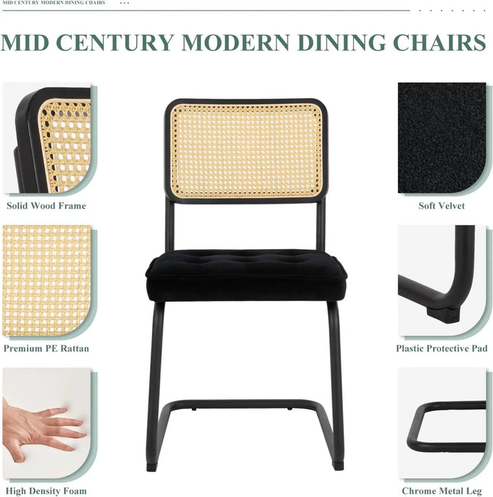 COLAMY Velvet Rattan Dining Chairs Set of 4, Mid Century Modern Dining Room Kitchen Side Chairs with Metal Chrome Legs