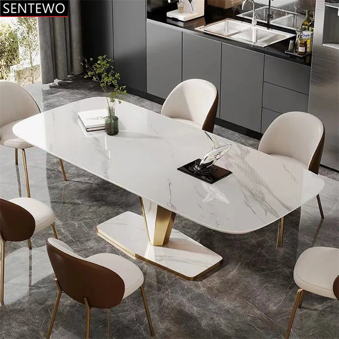Luxury  Rock Slab Kitchen Dining Table Dinning Chair Set Stainless Steel Golden Base Faux Marble Table Chair Muebles De Cocina
