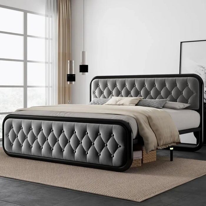 Noise-Free King Size Bed Frame Heavy Duty Bed Frame With Faux Leather Headboard Bedroom Furniture 12" Under-Bed Storage Black