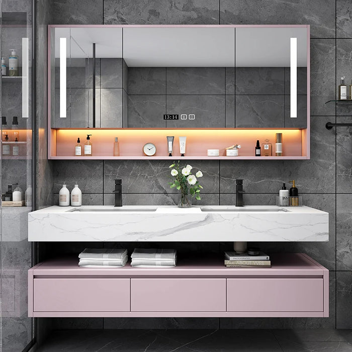 Light Luxury Bathroom Artificial Rock Panel Smart Solid Wood Bathroom Cabinet Set Bathroom Double Basin Bathroom Sink Cabinet