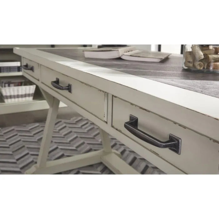 Design by Ashley Jonileene Farmhouse Home Office Desk with Drawers, White & Gray