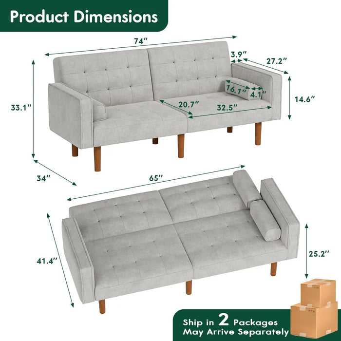 Futon Sofa Bed Convertible Sectional Sleeper Couch, Splitback Loveseat with Tapered Legs, 74", Small Lounge for Living Room