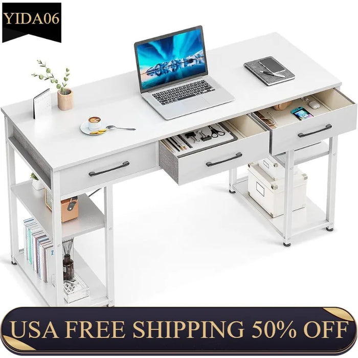 Office Small Computer Desk: Home Table with Fabric Drawers & Storage Shelves, Modern Writing Desk, White, 48"x16"