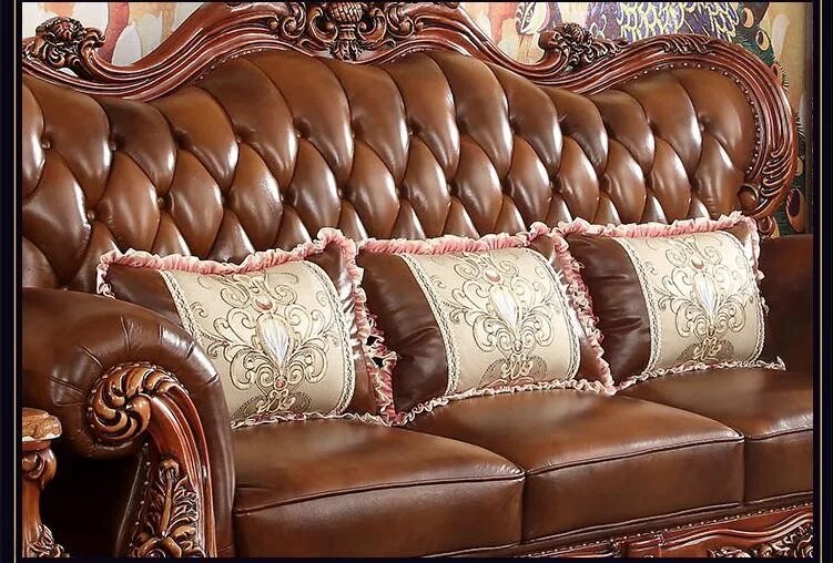ProCARE European-style genuine leather sofa set sofa wood carving living room furniture