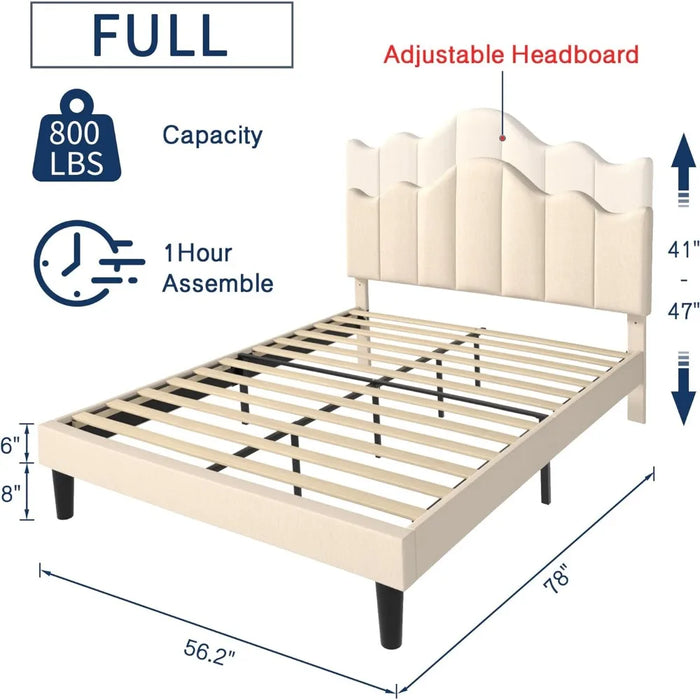 Upholstered platform bed frame with adjustable headboard, plank support, noiseless, no box spring, easy assembly