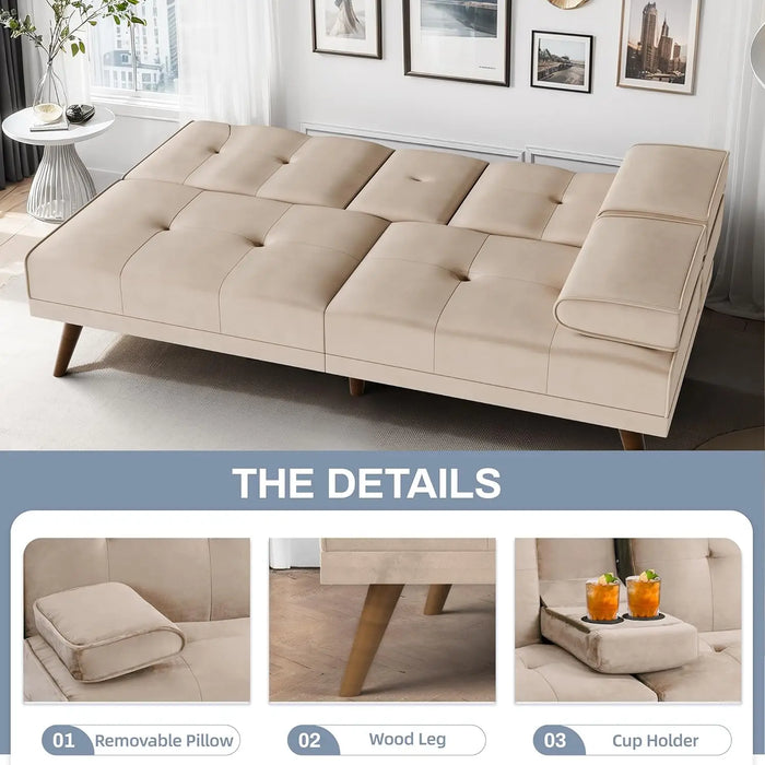 Futon Couch Sofa Bed Convertible Small Loveseat Sleeper with Cup Holder, Wood Legs, Removable Armrests - Multiple Colors