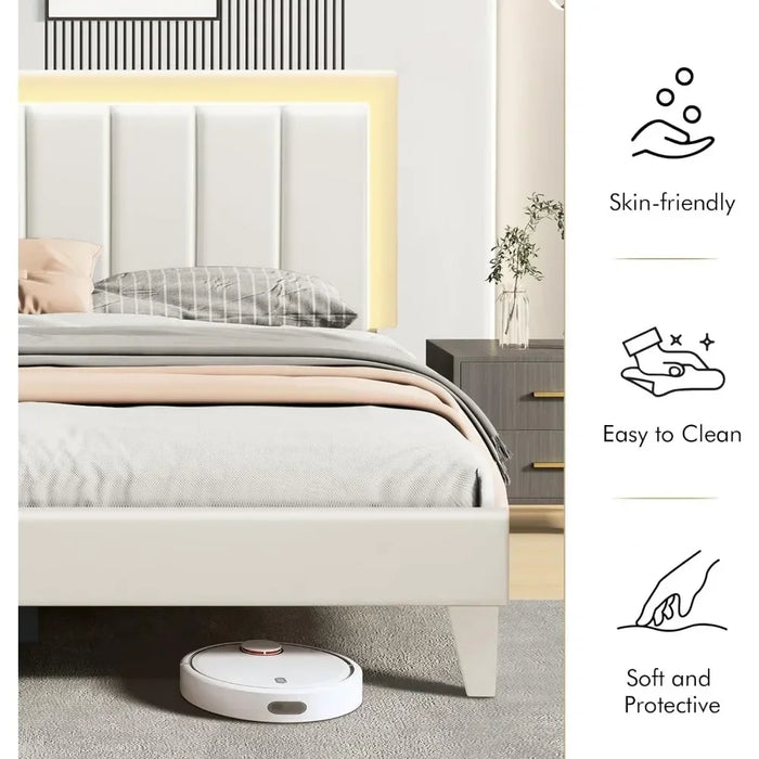 Bedroom bed frame, adjustable headboard and footrests, heavy-duty plank support, king-size upholstered leatherette bed