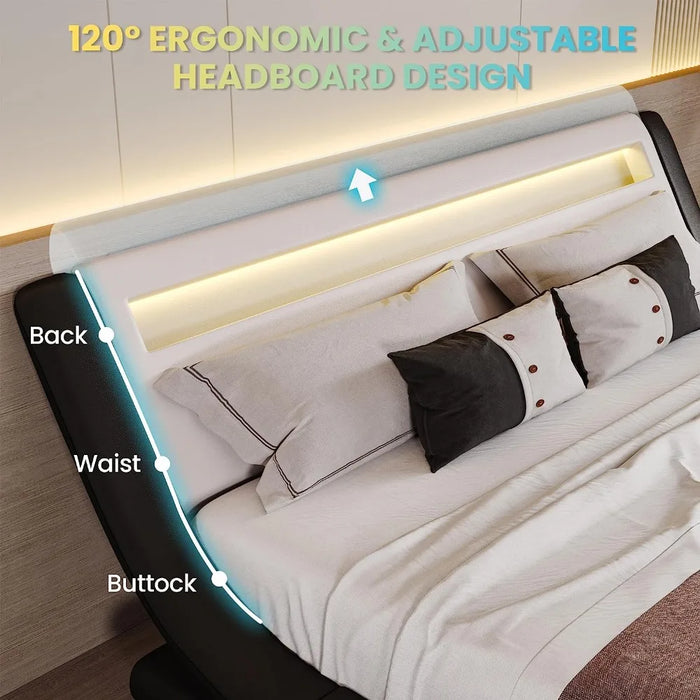 LED extra large luxury padded bed frame with adjustable headboard - slim sled design, wooden support, no need for spring box