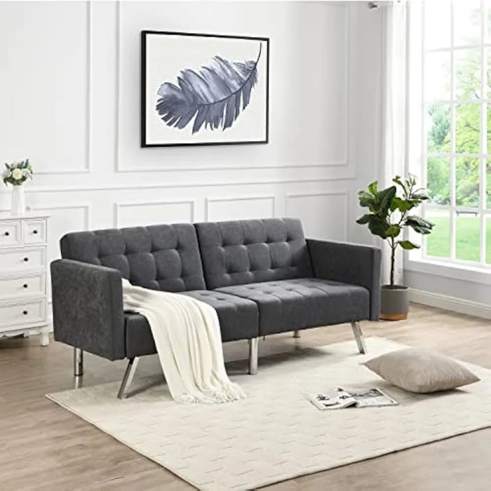 Convertible Folding Futon Sofa Bed Sleeper Lounge Couch for Living Linen Upholstered Loveseat with Armrest, Dark Gray