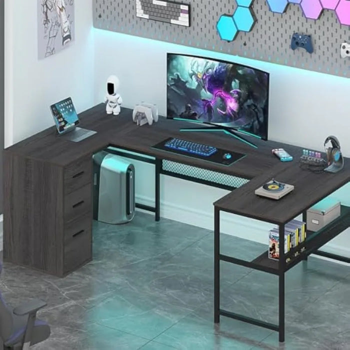 U Shaped Desk with Drawers, L Shaped Computer Desk with Storage Shelf, Large Reversible Wood Executive Home Office Desk