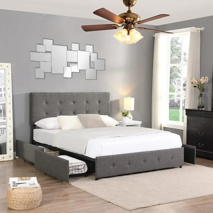 Upholstered Bed Frame Queen Size with 4 Storage Drawers and Button Tufted Headboard, Comfort Adjustable Mattress Height