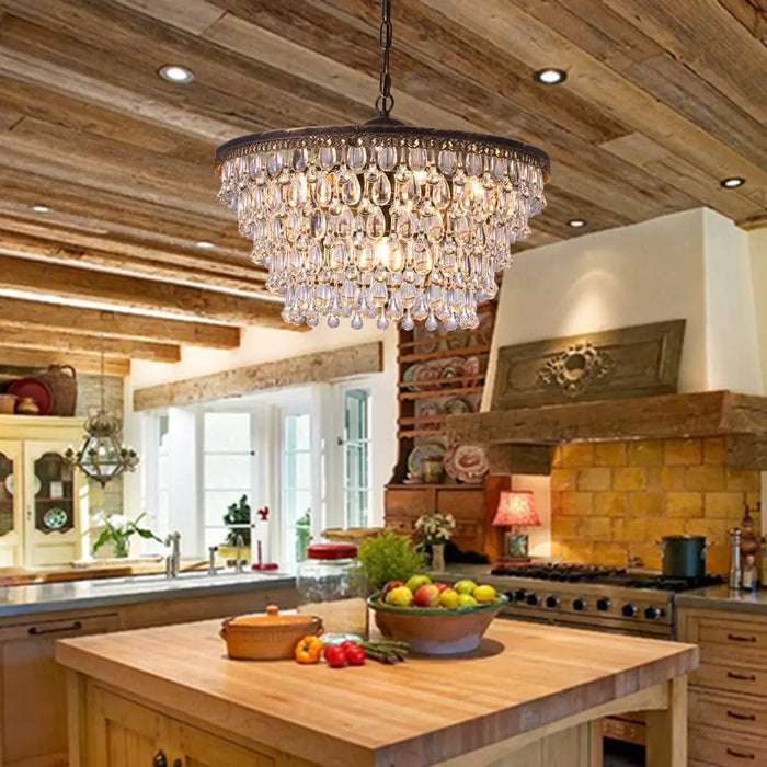 Wellmet Crystal Chandelier Farmhouse 5 Tiers Crystal Light Fixtures Hanging Modern Bronze Ceiling Pendant Light, Chandeliers