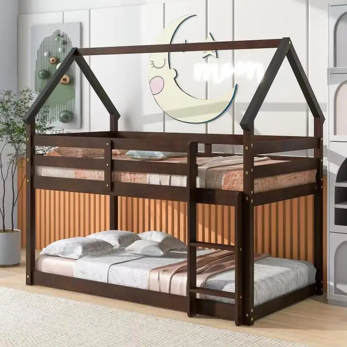 Bunk Bed for Kids Toddlers, Twin Over Twin Bunk Beds ,  Playhouse Farmhouse Roof Guardrail Ladder, for Girls & Boys