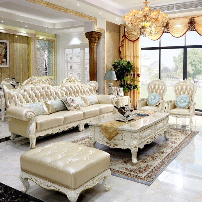 European sofa 123 combination three-person four-person inline leather solid wood sofa luxury villa living room furniture