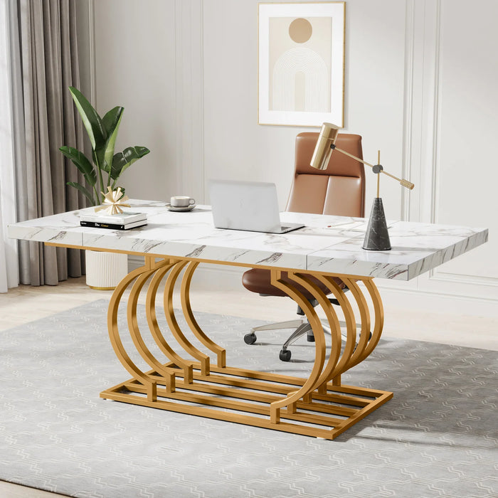 Tribesigns 63" Modern Office Desk, White and Gold Executive Desk, Large Computer Desk Home Office Desk with Gold Metal Frame
