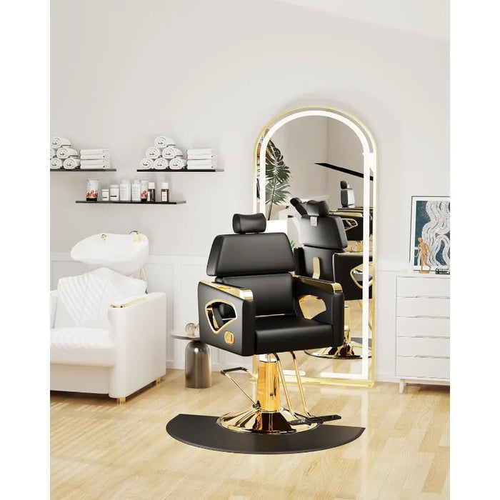 Reclining Salon Chair with Adjustable Backrest & Lumbar Support, Heavy Duty Black Gold Barber Chair with Durable Steel Frame