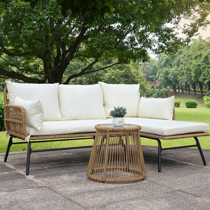 3PCS Outdoor Patio Furniture Set Balcony L Shape Natural Color PE Wicker Sofa Set with Beige Cushion,Round Tempered Glass Table