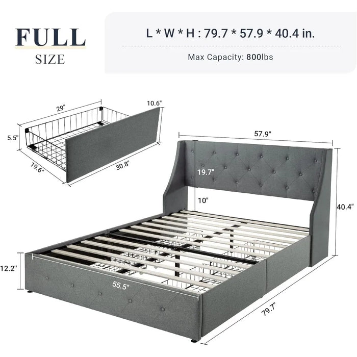 Button-tufted Design Queen Bed Frame With 4 Storage Drawers and Wingback Headboard No Box Spring Required Bedroom Furniture Base
