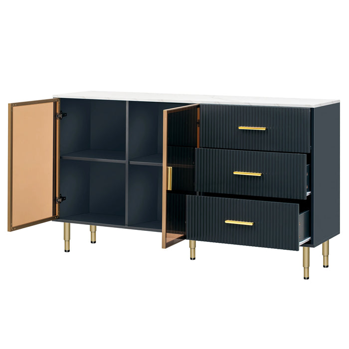 Modern Sideboard MDF Buffet Cabinet Marble Sticker Tabletop and Tempered Glass Doors with Gold Metal Legs (Navy Blue)