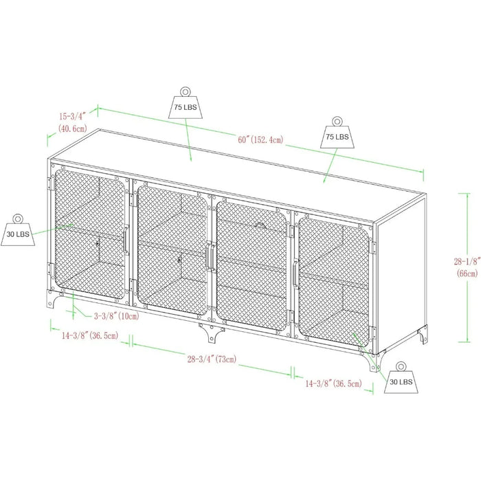 TV cabinet, 4-door metal mesh TV console, suitable for 65 inch deep walnut wood TV storage cabinet