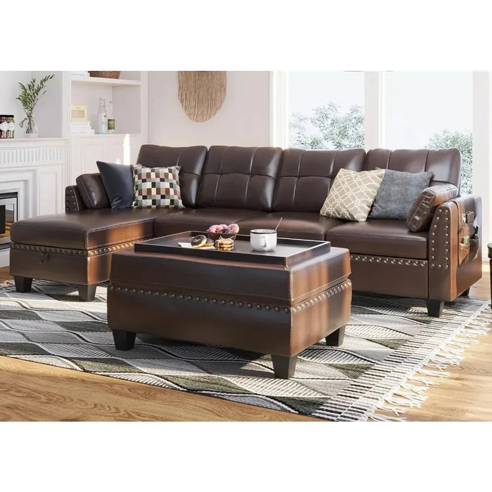 Brown Leather Sectional Sofa with Ottoman - Easy Assembly, Storage Space