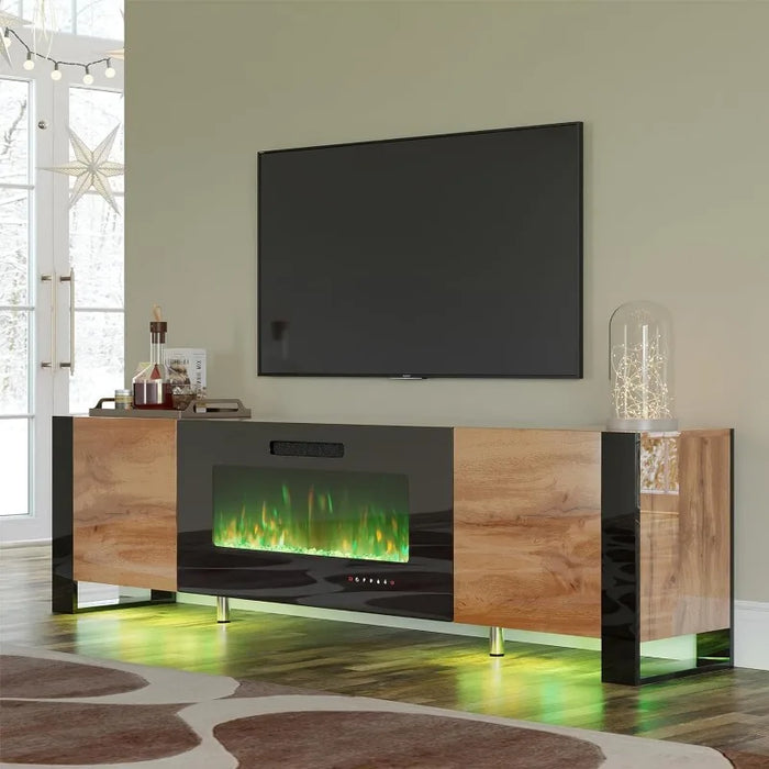 70" Fireplace TV Stand, High Gloss Entertainment Center with LED Lights, Modern Entertainment Stand for TVs up to 80", Black