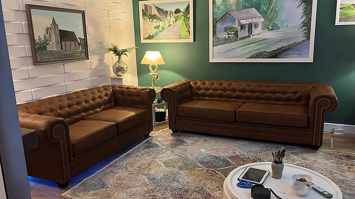 Anx Chesterfield Style Sofa Set 3+2 Seater Armchair Brown Faux Leather (3 Seater)