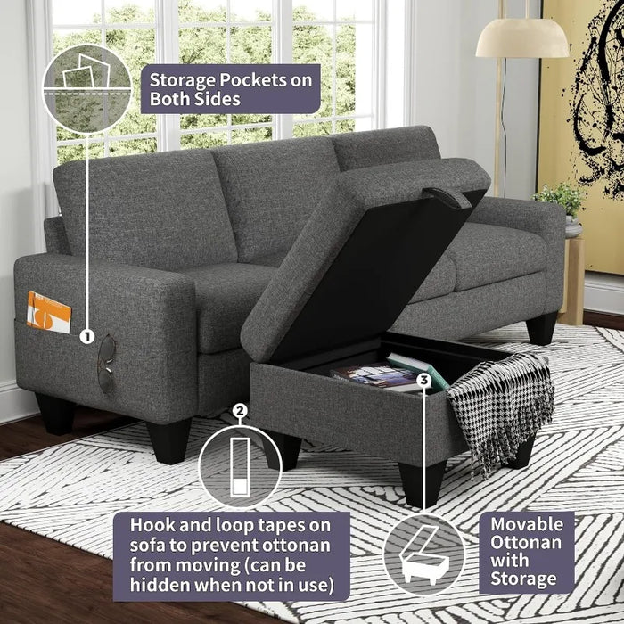 Sectional Sofa L-Shaped Couch, Couches for Living Room with Reversible Storage Chaise & Side Storage Pockets, 3-Seat Linen Sofa