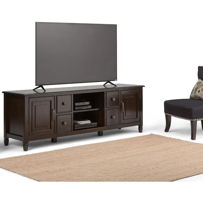 SOLID WOOD 72 Inch Wide Traditional TV Media Stand in Dark Chestnut Brown for TVs up to 80 Inches, for living room, bedroom