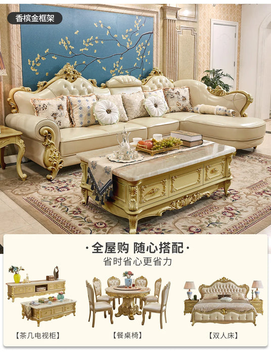 TuyaEuropean Style Sofa Leather Sofa Tea Table TV Cabinet Dining Table Combination Sofa Living Room Small Family Custom
