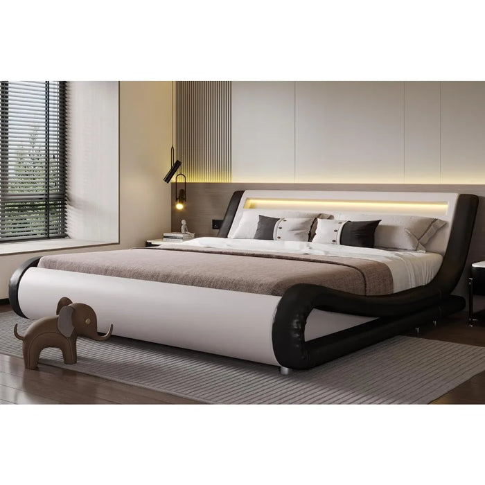 LED extra large luxury padded bed frame with adjustable headboard - slim sled design, wooden support, no need for spring box