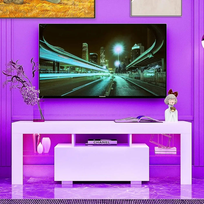 Modern TV Stand With Storage Drawer and Glass Shelf for Living Room Bedroom Home Furniture White Cabinet Table Stands