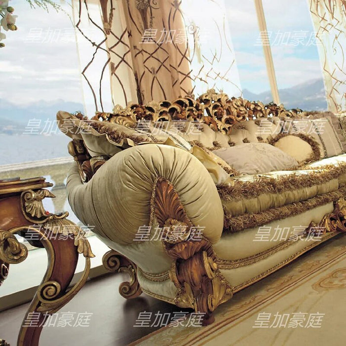 Modern Luxury European Style Hand Carved Solid Wood Sofa Set with Fabric Upholstery for Living Room and Villa Lounge Couch