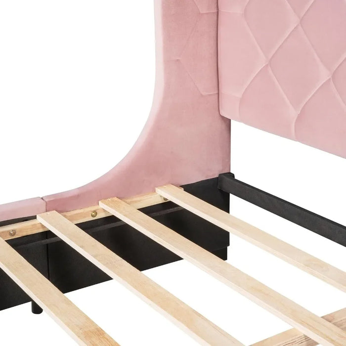 Large Upholstered Platform Bed Frame with Storage Drawers, Velvet Bed Frame, Sturdy Wooden Slatted Support, Pink