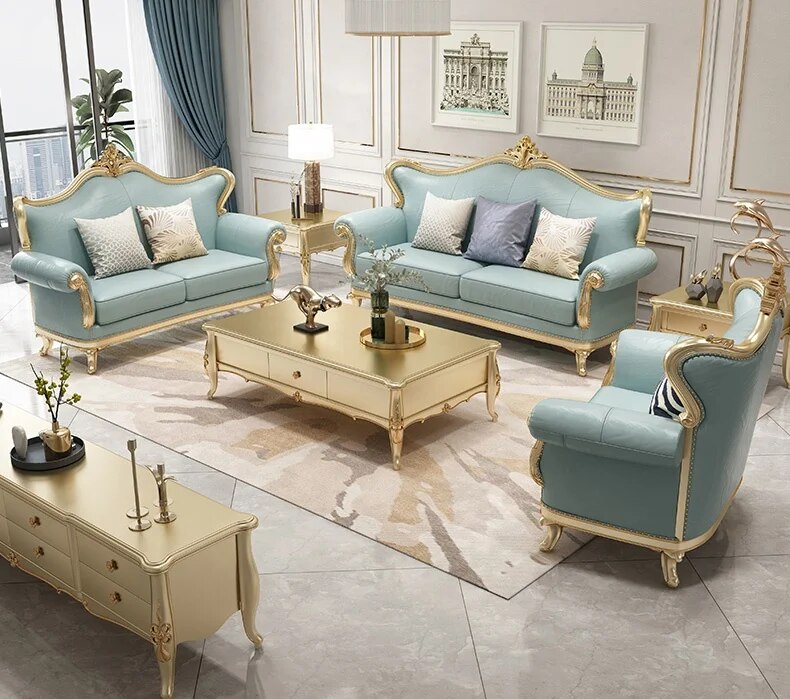 French Style Living Room Sofa Set Antique Solid Wood Carved Couch Classic Hotel Lobby 3+2+1 Sofa