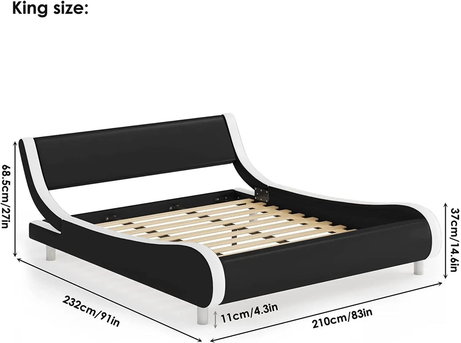 Platform Bed Frame with Faux Leather Curved Headboard Plank Support No Spring Required, Easy to Assemble