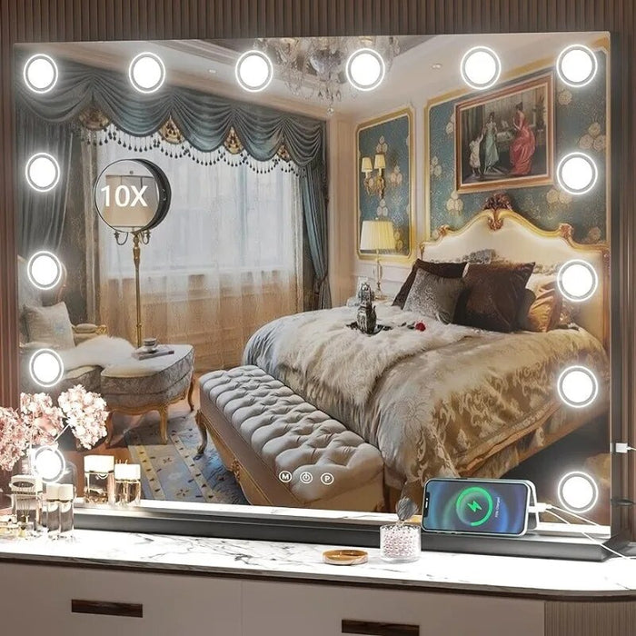 Makeup Mirror, Light up Mirror with 14 Dimmable LED Lights and 10X Magnification,  USB Charging Port, Black dresser
