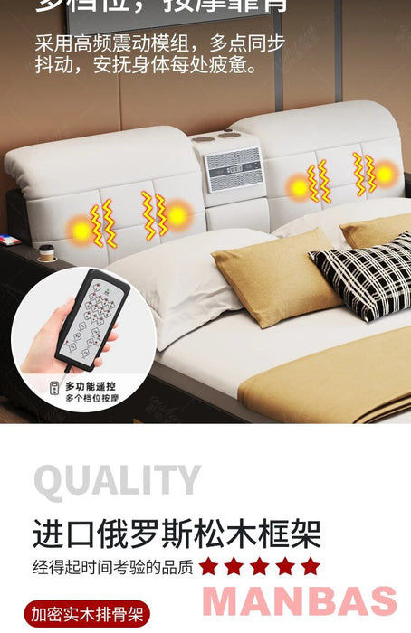 MINGDIBAO Ultimate Bed - Tech Smart Bed with Genuine Leather, Multifunctional Bed Frame, Massage, Speaker, Air Purifier and Safe