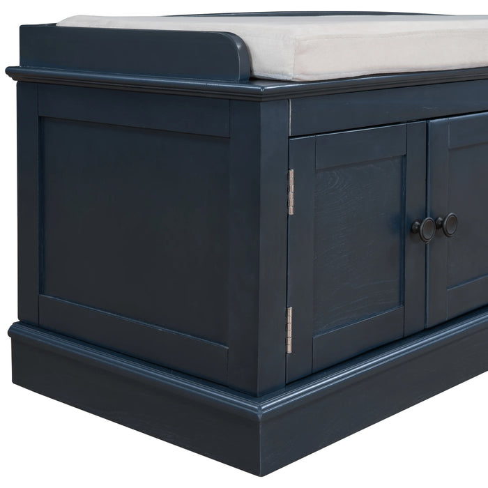 Storage Bench with 4 Doors and Adjustable Shelves, Shoe Bench with Removable Cushion for Living Room, Entryway