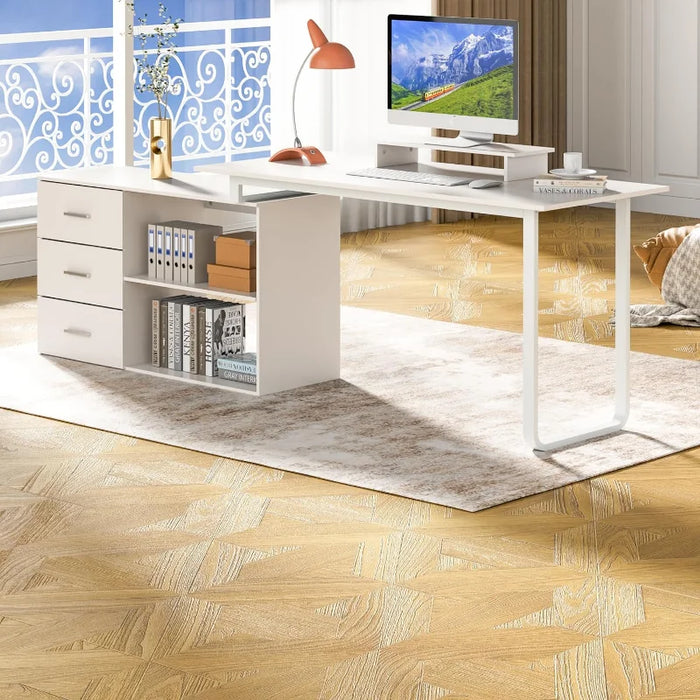 Anbuy L-Shaped Desk with Monitor Stand, Large Corner Computer Office Desk with Reversible 3 Drawers File Cabinet and Shelves