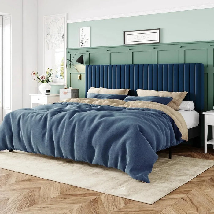 Large bed frame, velvet padded bed with adjustable vertical channel tufted headboard, mattress base, easy to assemble, bed
