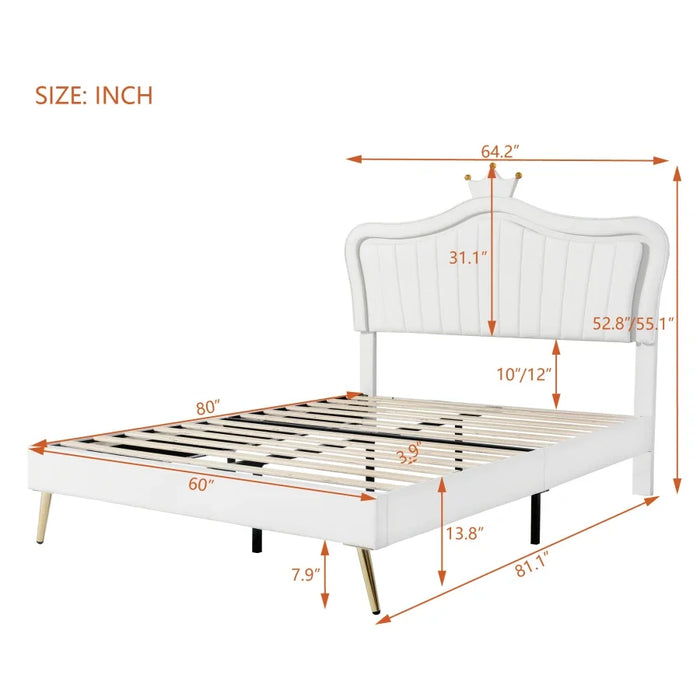 Bed,Princess Bed,Modern Comfrotable Upholstered Bed Frame with LED Lights and Crown Headboard Design,for bedroom