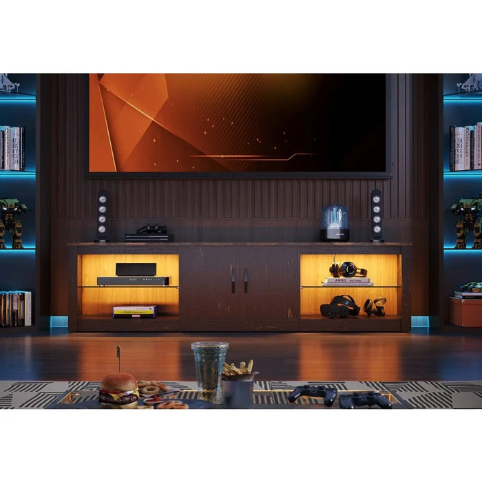 70 Inch Led TV Stand for 75 Inch TV Adjustable Glass Shelves Two Cabinets TV Console for Living Room,Golden Black