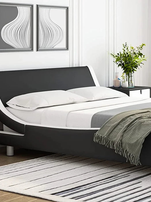 Platform Bed Frame with Faux Leather Curved Headboard Plank Support No Spring Required, Easy to Assemble